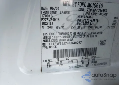 2004 Ford F-150 Fx4/Lariat/Xlt from USA, damaged, VIN 1FTPW14574KD48297